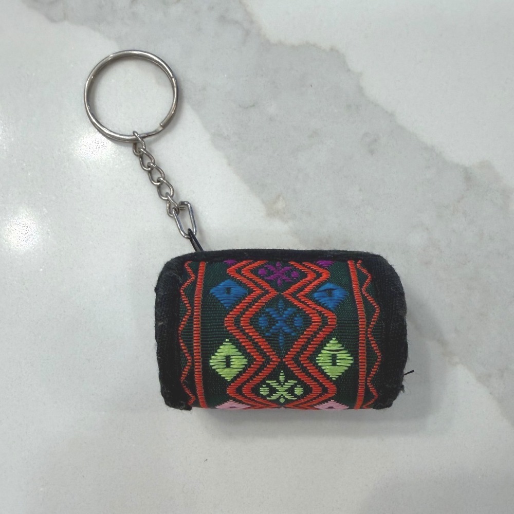 Woven Geometric Coin Pouch Keychain Multicolor Diamond Pattern Barrel Mini Bag